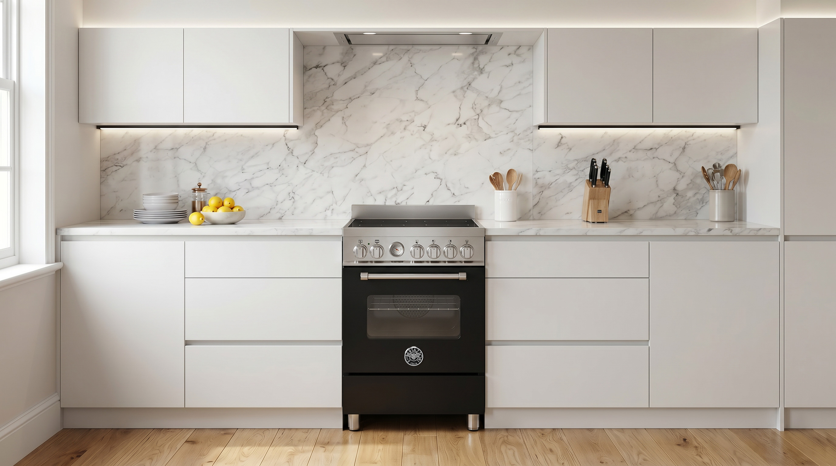 (Bertazzoni’s Master 60cm induction range cooker in Nero with a chrome trim)