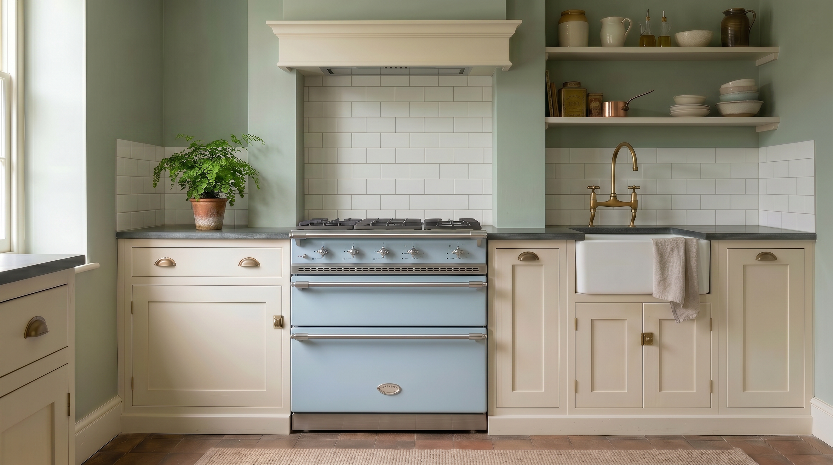 (Lacanche’s Rully Classic 70cm induction range cooker in Delft Blue with a chrome trim)